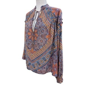 Free People Little Runaway Boho Paisley Print Tie Neck Blouse Women's Size M image 2