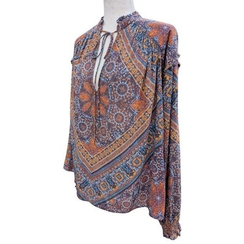 Free People Little Runaway Boho Paisley Print Tie Neck Blouse Women's Size M image 2