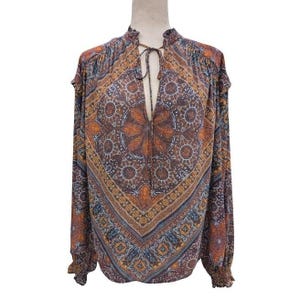 Free People Little Runaway Boho Paisley Print Tie Neck Blouse Women's Size M image 1