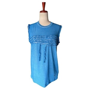 May include: A sleeveless, light blue top with a round neckline and a unique design. The top features a horizontal, textured band across the chest and vertical fringe-like details. The fabric appears lightweight and casual.