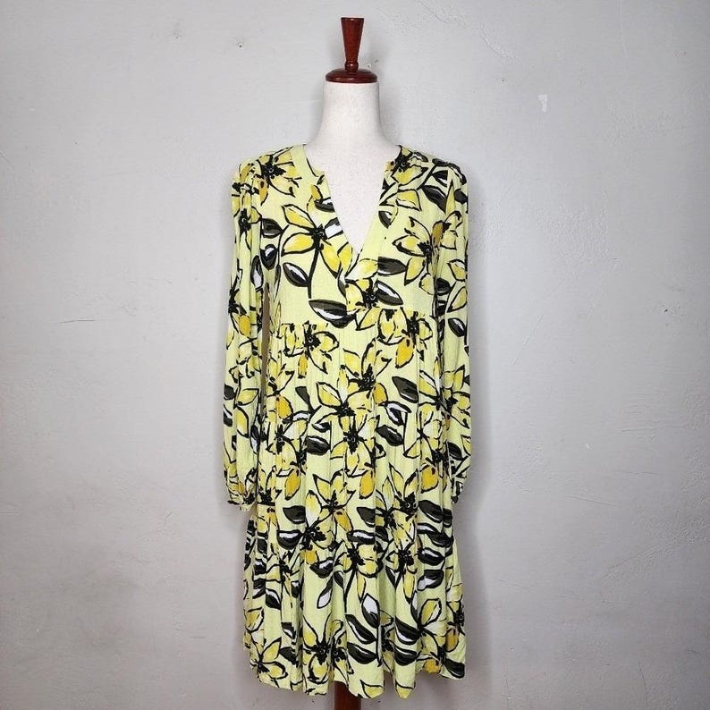 Maeve for Anthropologie Amber Yellow Floral Tiered Tunic Dress Sz Small zdjęcie 1