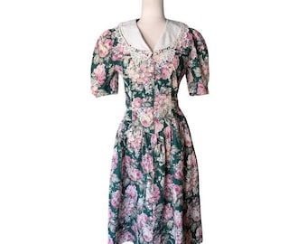 vintage Robe midi fleurie rose en dentelle avec col claudine et manches bouffantes Vert rose
