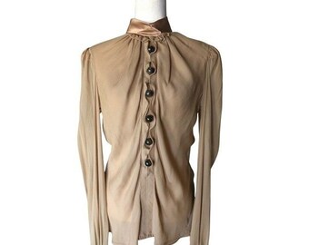 Dolce & Gabbana Blouse à col montant en mousseline de soie marron clair à volants IT 46 Fabriquée en Italie