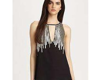 Débardeur Parker en soie noire à franges et trou de serrure pour femme, orné d'argent TZ M