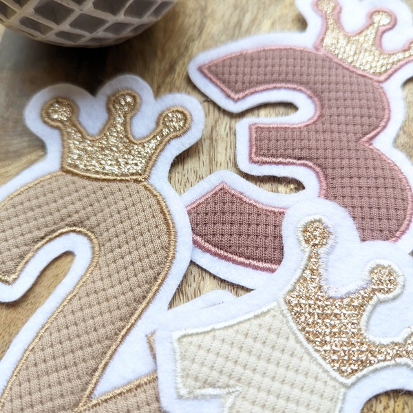 Patch/Applique/Iron-on image - Birthday number, numbers with crown - beige, cream, caramel, mauve