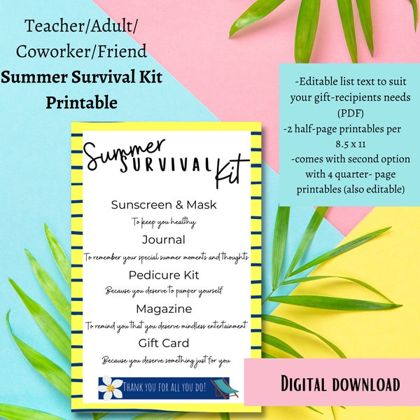 Summer Survival Kid: Yellow and navy, teacher, coworker, friend gift, printable