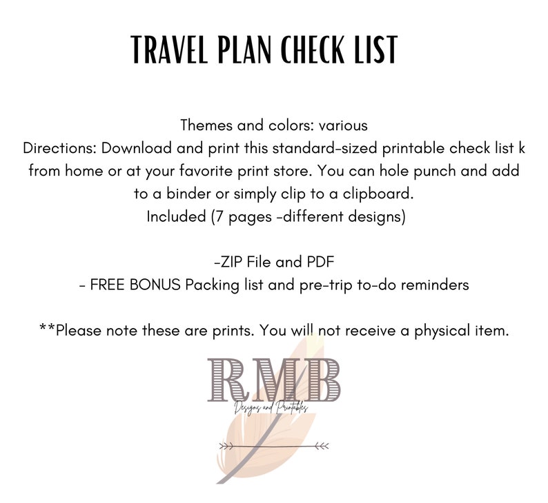 Printable Travel Plan Single Page Travel Checklist, Packing List
