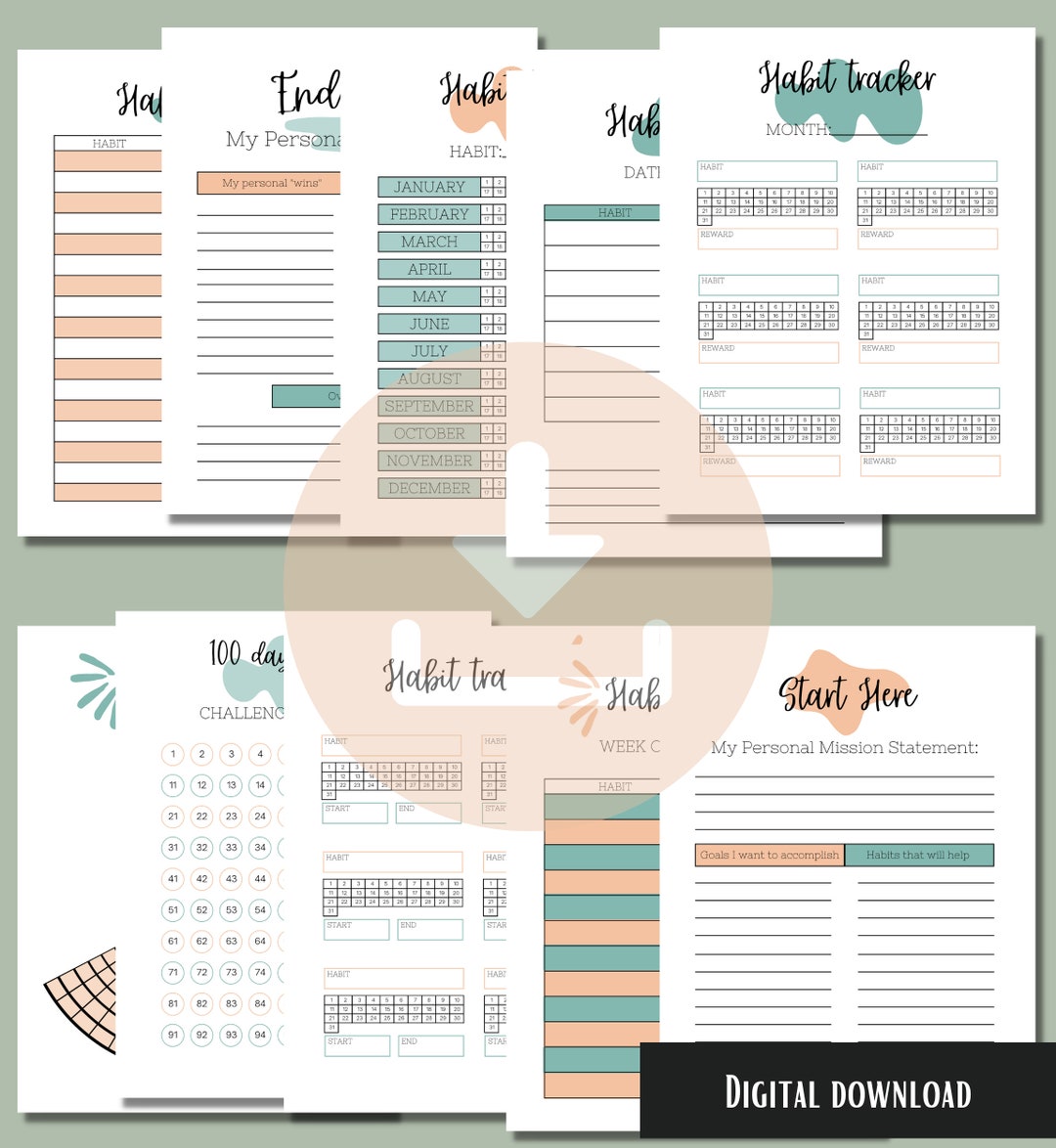 Printable Habit Tracker Bundle Goal List Life Changer 100 Day Habit