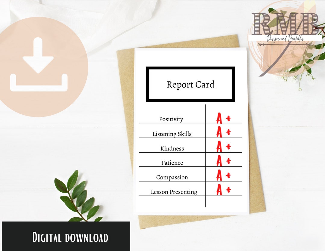 Teacher Appreciation Printable 5 X 7 Card: Report Card Themed, Black ...
