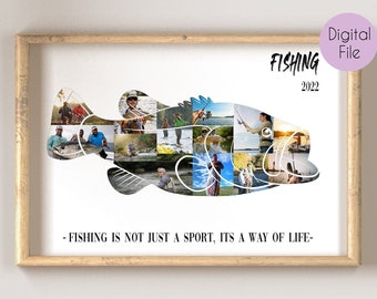 May include: A printable digital file of a fishing collage with the text "FISHING 2022" and the quote "FISHING IS NOT JUST A SPORT, ITS A WAY OF LIFE". The collage is shaped like a fish and is made up of photos of people fishing.