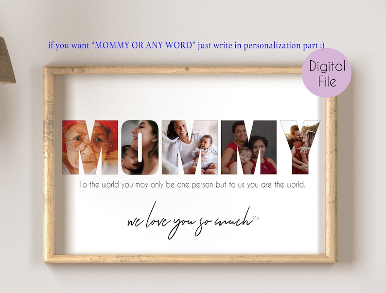 May include: A printable digital file featuring a photo collage of family members spelling out the word "MOMMY". The text "To the world you may only be one person but to us you are the world. We love you so much." is below the collage.