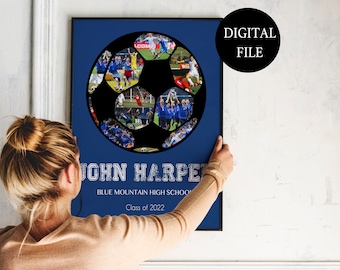 May include: A blue and white personalized soccer ball collage print with the name "JOHN HARPER" and the text "BLUE MOUNTAIN HIGH SCHOOL Class of 2022".
