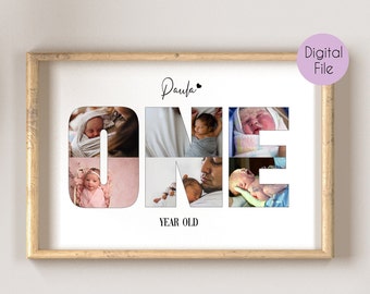 May include: A white printable poster with the word "ONE" spelled out in large letters. Each letter is filled with a different photo of a baby. The text "Paula" and a heart symbol are at the top of the poster. The text "YEAR OLD" is below the letters.