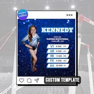 Gymnastics Custom Meet Digital Scorecard | Personalized Social Media Post Editable Template | Competition Score Tracker for Gymnasts