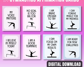 May include: Set of 24 digital download affirmation cards for gymnasts. Each card features a gymnast silhouette and a positive affirmation, such as "My voice matters" and "I am ready for new challenges".