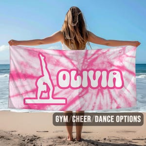 Tie Dye Gymnastics Personalized Beach Towel | Summer Pink Custom Dancer Cheerleader Pool Towel | Unique Girls Gift for Gymnast
