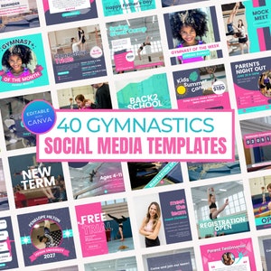 May include: A collage of 40 social media templates for gymnastics classes. The templates feature bright pink and blue colours with images of children and adults doing gymnastics. The text on the templates includes phrases like "Gymnast of the Week", "New Term", "Free Trial", "Registration Open", "Parents Night Out", and "Back to School".