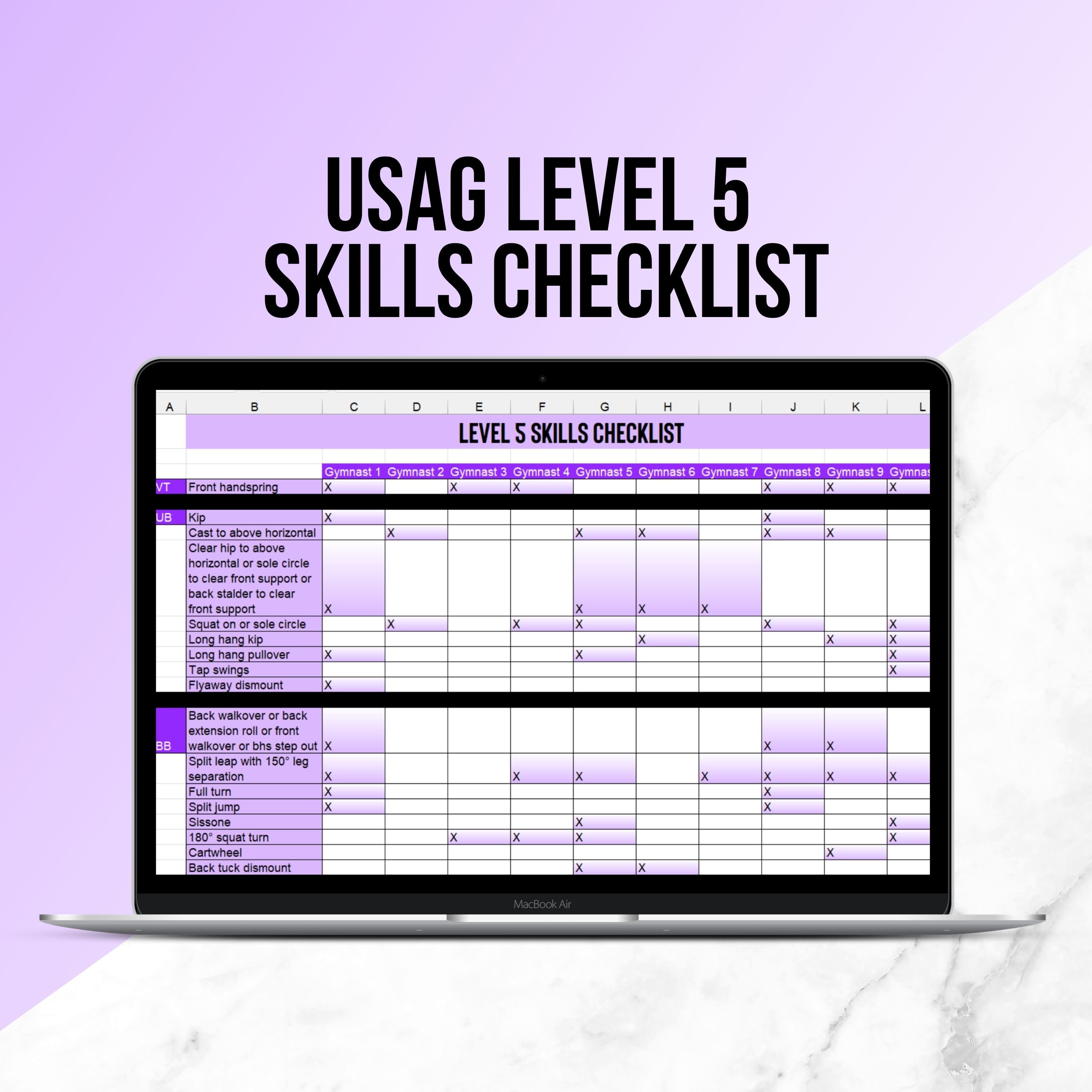 Level 5 Skills Checklist Spreadsheet | Gymnastics Coach Skill Tracker | Gymnastics Practice Planner | Gymnastics Coach Lesson Planning