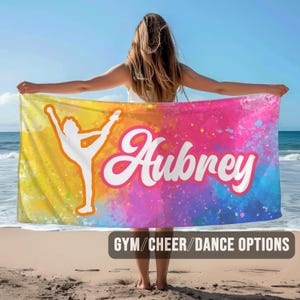 Colorful Dance Gymnastics Personalized Beach Towel | Summer Rainbow Custom Dancer Cheerleader Pool Towel | Unique Girls Gift for Gymnast