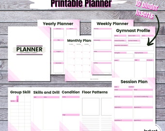 May include: A printable planner for gymnastics coaches. The cover reads "PLANNER Gymnastics Coach". Inside are pages for a yearly planner, weekly planner, gymnast profile, monthly plan, session plan, and group skill sheets. The pages have pink accents.