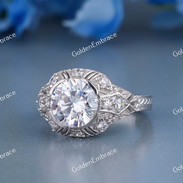 1930s Vintage 2.50 Ct Old European Diamond Edwardian Art Deco Engagement Ring in 935 Argentium Silver Estate Engagement Ring Filigree Ring