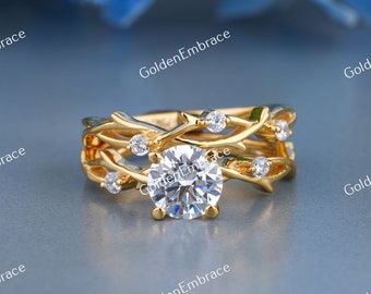 Conjunto de anillos de compromiso de ramita, conjunto nupcial de diamantes de 1,5 qt, conjunto de anillos de naturaleza, conjunto de novias de rama conjunto de anillos de ramita delicada conjunto de anillos de boda de ramita 935 plata