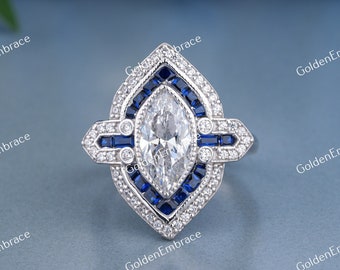 1930s Vintage Fine Engagement Ring, 2.00 Ct Marquise Cut Diamond Halo Antique Engagement Ring In 935 Argentium Silver Bezel Sapphire Ring