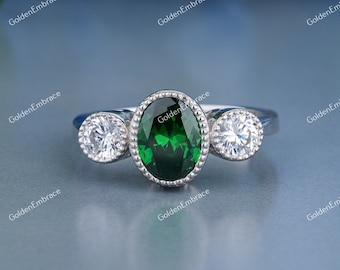 Art Deco 2 Carat Oval Green Lab Diamond Ring: Argentium Silver Filigree