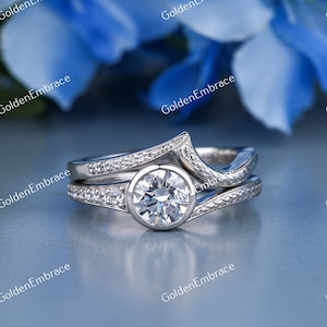 1930s Antique Vintage 2 Ct White Round Cut Diamond Wedding Engagement Ring Set in 935 Argentium Silver Ring Art Deco Antique Bridal Ring Set