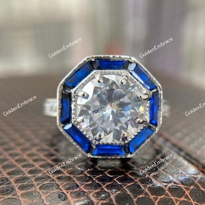 Bague de fiançailles ancienne européenne ancienne de 2,50 carats avec diamants et saphirs Art déco des années 1930 en argent argentium 935, bague vintage Target Halo rétro
