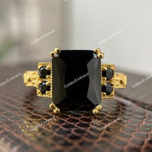 Art Deco Emerald Cut Black Onyx Ring: 18k Gold Plated, Diamond Accent