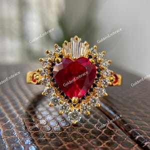 Red Garnet Heart Ring: Argentium Silver Double Halo, Diamond Accents