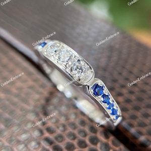 Art Deco Sapphire Wedding Band: 935 Argentium Silver Diamond Anniversary Ring