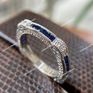 Circa 1930s Antique Sapphire & Diamond Wedding Band, Vintage Bridal Band, Moissanite Stacking Band, Antique Band, Dainty Band, Art Deco Band