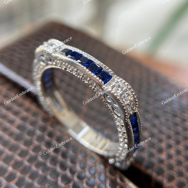 Circa 1930s Antique Sapphire & Diamond Wedding Band, Vintage Bridal Band, Moissanite Stacking Band, Antique Band, Dainty Band, Art Deco Band