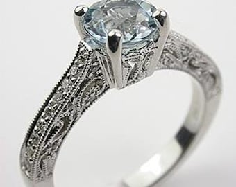 Circa 1930s Vintage 2.00 Ct Round Cut Aquamarine Engagement Ring In 935 Argentium Silver, Art Deco Engagement Ring, Aquamarine Antique Ring