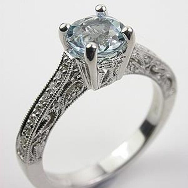 Circa 1930s Vintage 2.00 Ct Round Cut Aquamarine Engagement Ring In 935 Argentium Silver, Art Deco Engagement Ring, Aquamarine Antique Ring