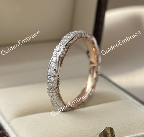 1930s Antique Flower Art Deco Diamond Wedding Band Ring Two Tone Band Stacking Band Vintage Band Eternity Band Antique Band Anniversary Ring