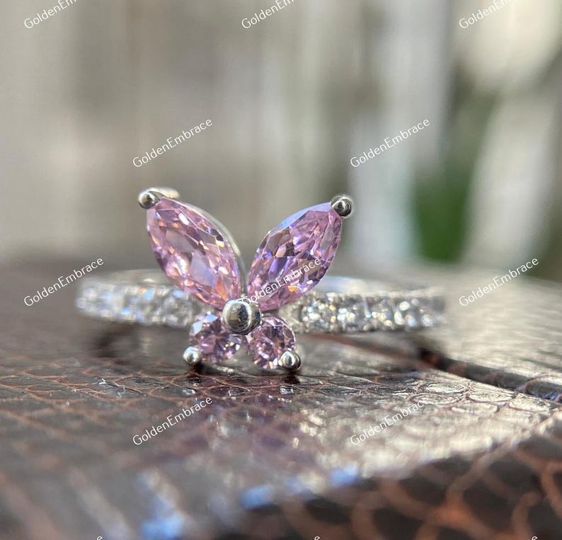 Pink Flying Rings Pink Sapphire Butterfly Ring, Exquisite Diamond Promise Ring, Crystal ...