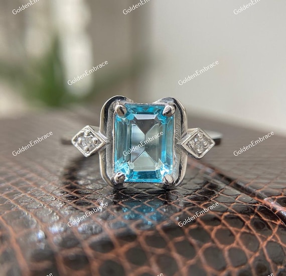 CT Emerald Cut Aquamarine Ring: Argentium Silver Art Deco