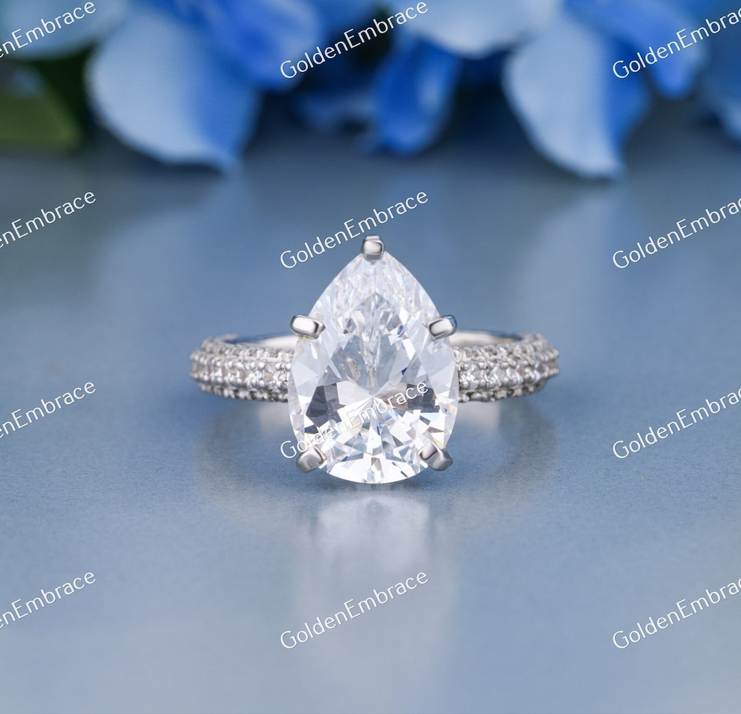 5 Carat Pear Cut Diamond Engagement Ring, Pear Solitaire Ring in 935 ...
