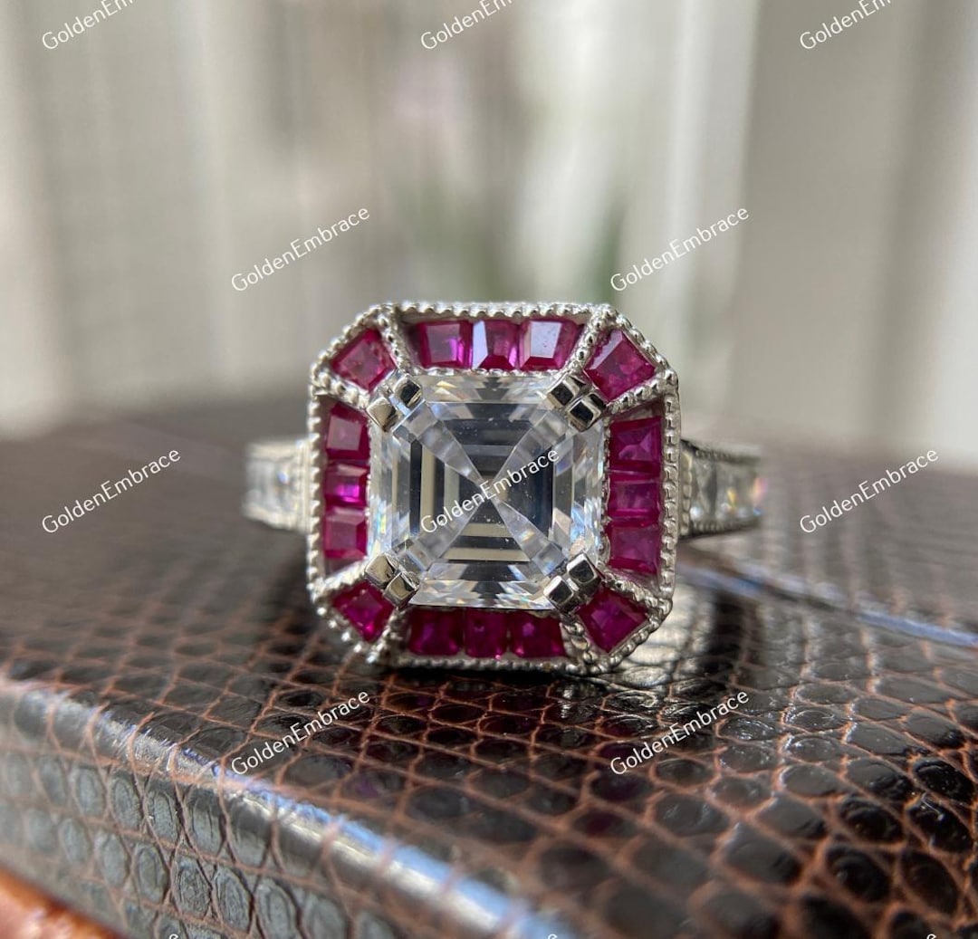 1930s Art Deco Asscher Cut Ring: Ruby Halo, Argentium Silver - Etsy