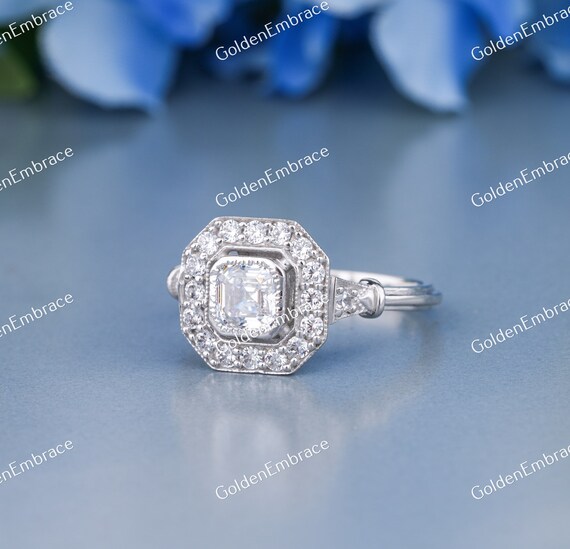 Bague De Fiançailles En Or Blanc 14 Carats Avec Diamant Asscher 2,70 Ct - Taille Personnalisable