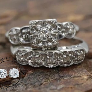 2 Cts Diamond Vintage Art Deco Bridal Set Engagement Ring 935 Argentium Silver, Five Stone Dainty Band, Stacking Bridal Set Antique Ring Set