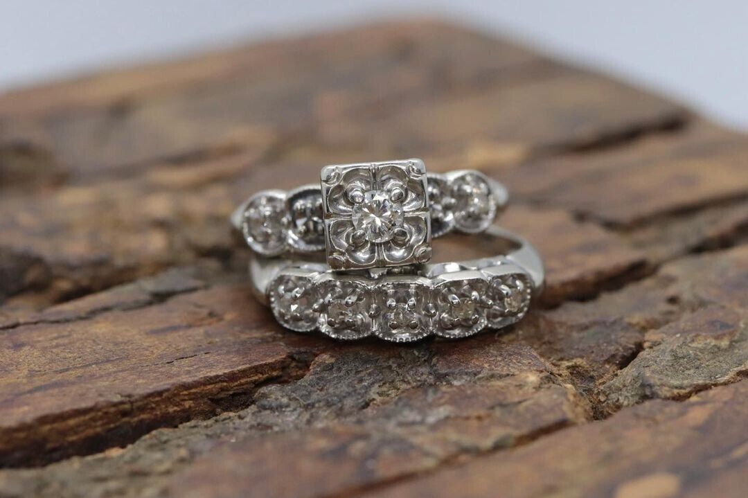 2 Cts Diamond Vintage Art Deco Bridal Set Engagement Ring 935 Argentium ...