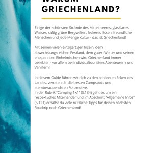 May include: A white page with the title "WARUM GRIECHENLAND?" in large, bold, black letters. The text below describes Greece's beaches, mountains, food, and culture. It also mentions islands, weather, and tips for a road trip.