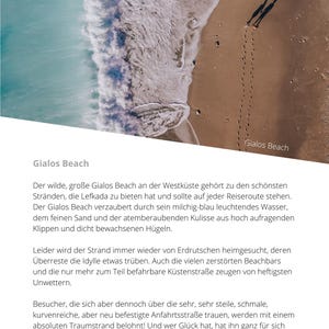 May include: Aerial view of Gialos Beach with turquoise water meeting a sandy shore. Waves crash along the coast, and two figures cast long shadows on the sand. The text "Gialos Beach" is visible.