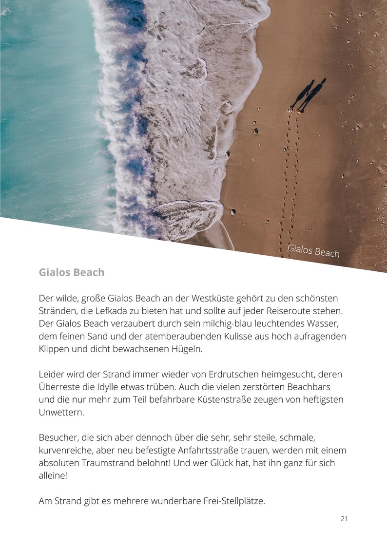 May include: Aerial view of Gialos Beach with turquoise water meeting a sandy shore. Waves crash along the coast, and two figures cast long shadows on the sand. The text "Gialos Beach" is visible.