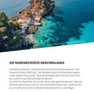 May include: Aerial view of a Greek coastal landscape with turquoise water and rocky islands. A white building with a brown roof sits on a small island. Text reads "Highlight an der Nordwestk&uuml;ste: Parga".