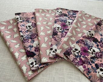 Halloween Cloth Napkins Set: Skull & Ghost Print, Handmade Cotton Dinner Napkins